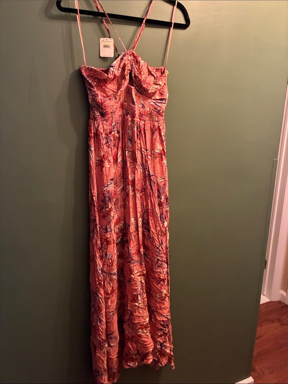 Free People Coral Pink Floral Maxi Dress with Spaghetti Straps